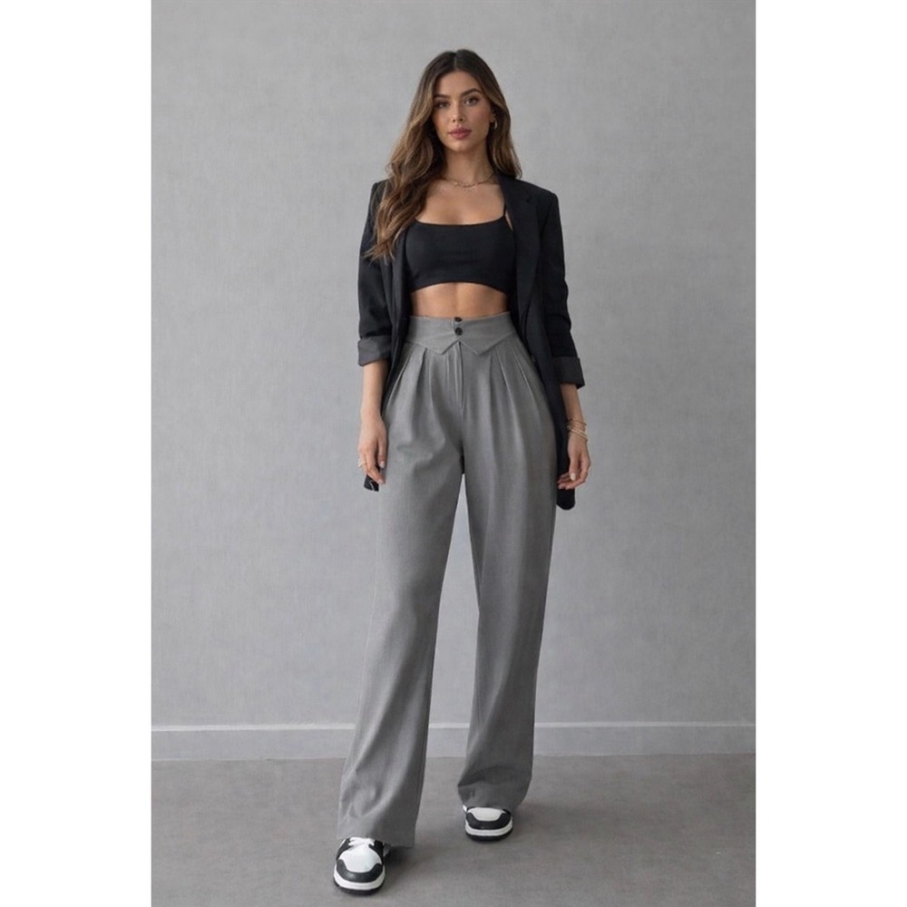 Commense Street Fold Over Waistband Straight Leg Dress Pants Gray size S